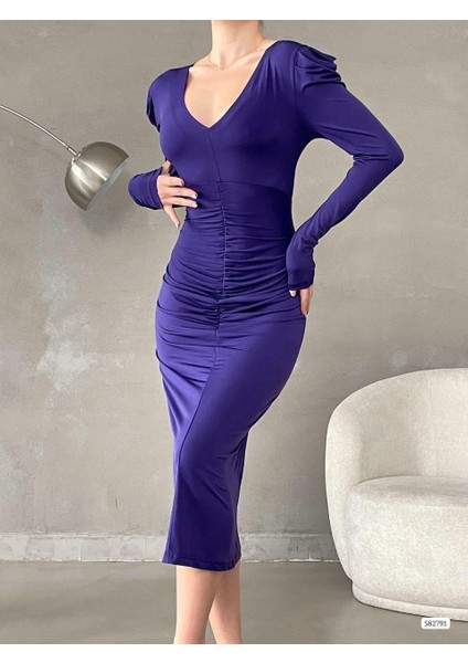 Sandy Senek Kumaş V Yaka Büzgü Detay Abiye Elbise 582791 Mor modelleri