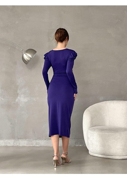 Sandy Senek Kumaş V Yaka Büzgü Detay Abiye Elbise 582791 Mor indirimleri