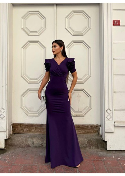Kruvaze Yaka Balık Scuba Abiye Elbise Mor 582863