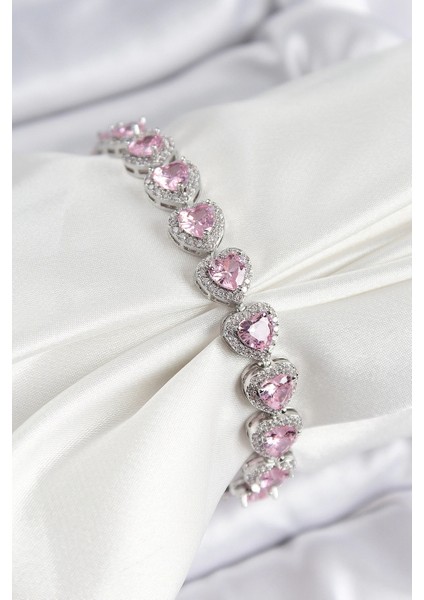 Pirinç Zirkon Taşlı Pembe Kalp Baget Model Gümüş Renk Vıp Seri Kadın Bileklik