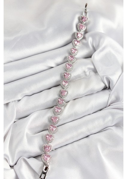 Pirinç Zirkon Taşlı Pembe Kalp Baget Model Gümüş Renk Vıp Seri Kadın Bileklik fiyatları