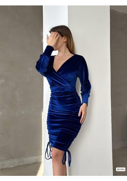 Drapeli Kruvaze Yaka Mini Boy Kadife Kumaş Abiye Elbise 581933 Saks modelleri