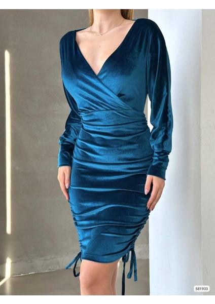 Drapeli Kruvaze Yaka Mini Boy Kadife Kumaş Abiye Elbise 581933 Petrol fiyatları