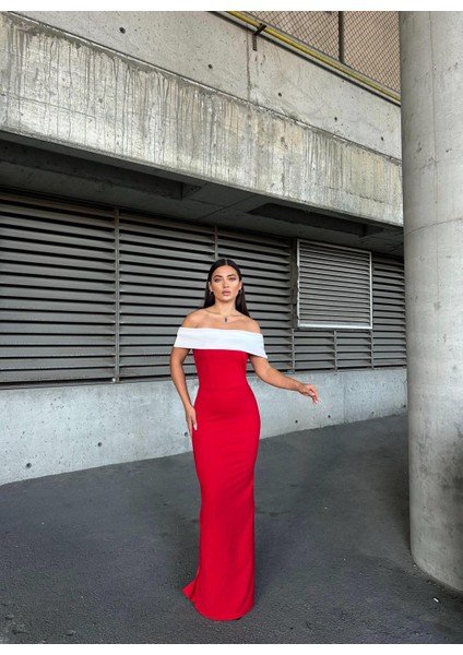 Krep Esnek Kumaş Madonna Yaka Garnili Abiye Elbise 583257 Kırmızı