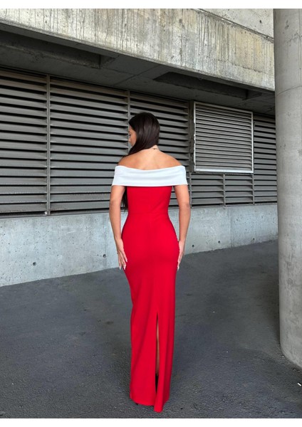 Krep Esnek Kumaş Madonna Yaka Garnili Abiye Elbise 583257 Kırmızı modelleri