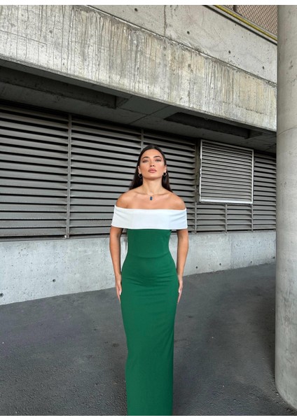 Krep Esnek Kumaş Madonna Yaka Garnili Abiye Elbise 583257 Zümrüt fiyatları