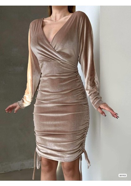 Drapeli Kruvaze Yaka Mini Boy Kadife Kumaş Abiye Elbise 581933 Vizon