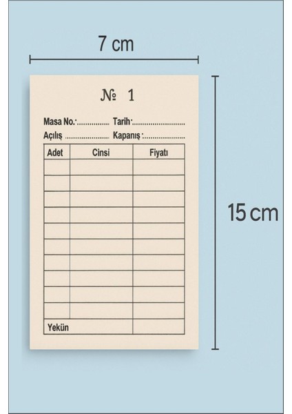 Sam Adisyon Bilgi Fişi, Adisyon Defteri Ölçüsü: 7X15 Cm. 100 Yapraklı, Numaralı 72 Cilt (6 Düzine) modelleri