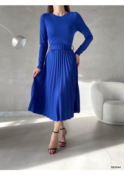 Piliseli Kemerli Midi Boy Abiye Elbise 582644 Saks