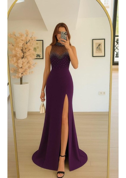 Asra Tül Detay Işıltılı Kolsuz Abiye Mor 583195