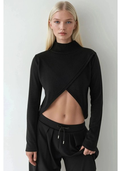 Kadın Asimetrik Turtleneck Triko Kazak Black