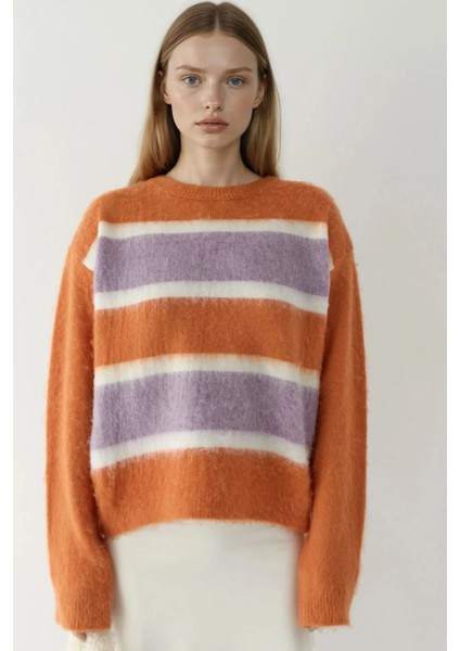 Kadın Relaxed Fit Renkli Çizgili Triko Kazak Neon Pembe