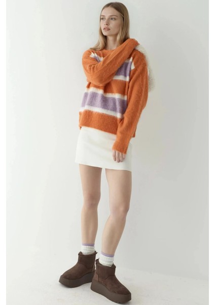 Kadın Relaxed Fit Renkli Çizgili Triko Kazak Neon Pembe