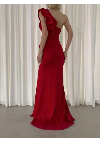 Tek Omuz Scuba Krep Abiye Elbise 581321 Kırmızı indirimleri
