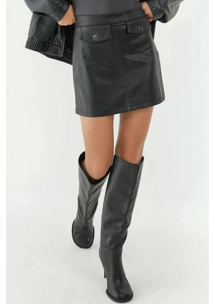 Kadın Cep Detaylı Mini Crocodile Desenli Deri Etek Black