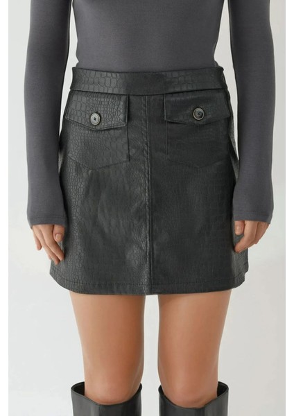 Kadın Cep Detaylı Mini Crocodile Desenli Deri Etek Black