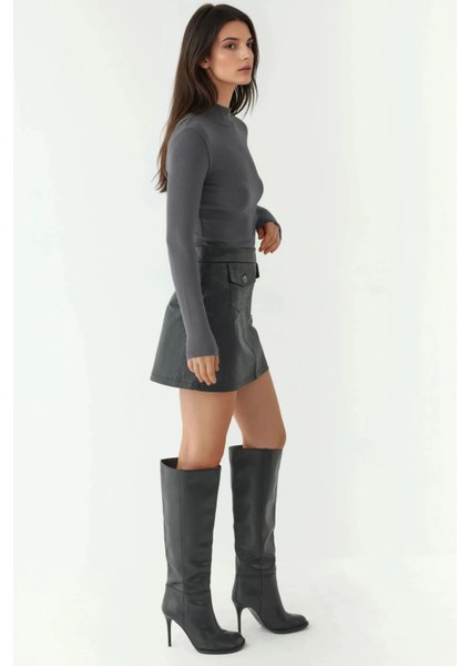 Kadın Cep Detaylı Mini Crocodile Desenli Deri Etek Black