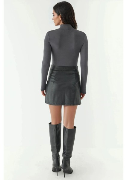 Kadın Cep Detaylı Mini Crocodile Desenli Deri Etek Black