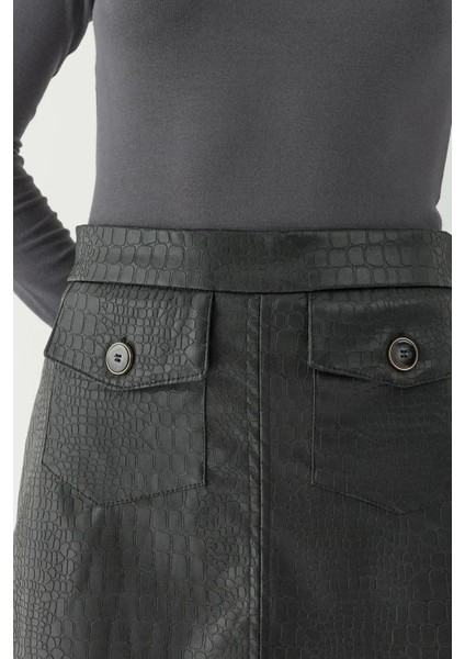 Kadın Cep Detaylı Mini Crocodile Desenli Deri Etek Black