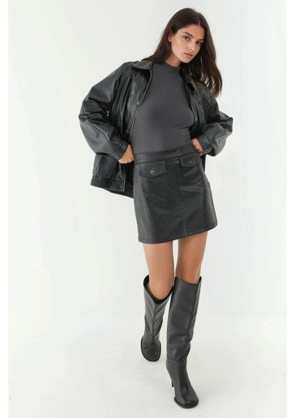 Kadın Cep Detaylı Mini Crocodile Desenli Deri Etek Black