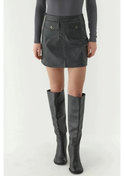 Kadın Cep Detaylı Mini Crocodile Desenli Deri Etek Black