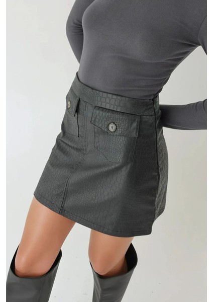 Kadın Cep Detaylı Mini Crocodile Desenli Deri Etek Black