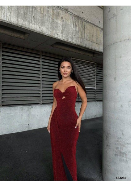 Flowers Esnek Kumaş Straplez Pile Detaylı Yırtmaçı Abiye Elbise 583282 Kırmızı fiyatları