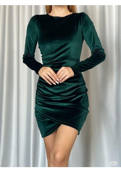 Bisiklet Yaka Kadife Mini Elbise 582739 Zümrüt fiyatları