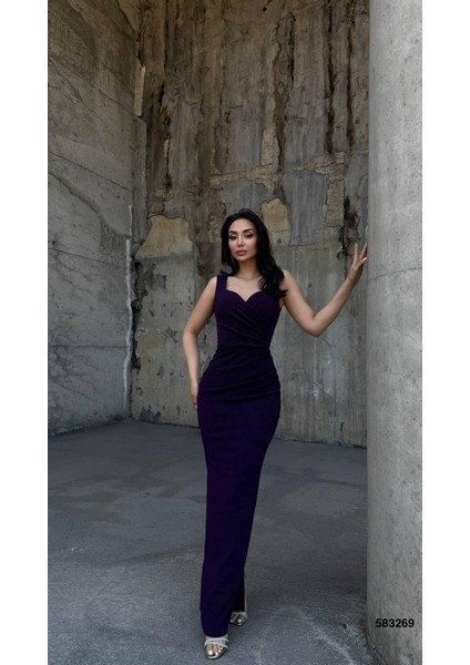 Flowers Esnek Kumaş Omuz Geniş Askılı Pile Detaylı Abiye Elbise 583269 Mor