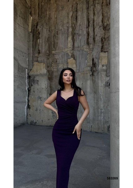 Flowers Esnek Kumaş Omuz Geniş Askılı Pile Detaylı Abiye Elbise 583269 Mor modelleri