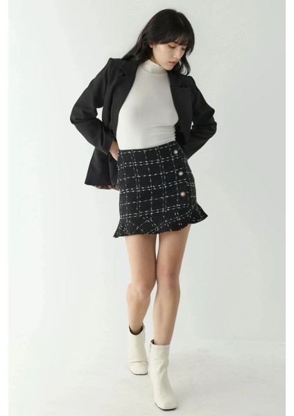 Kadın Düğme Detaylı Tüvit Volanlı Mini Etek Black