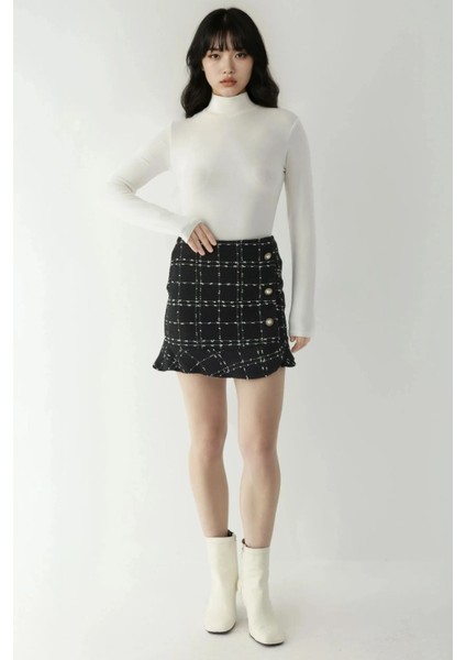 Kadın Düğme Detaylı Tüvit Volanlı Mini Etek Black