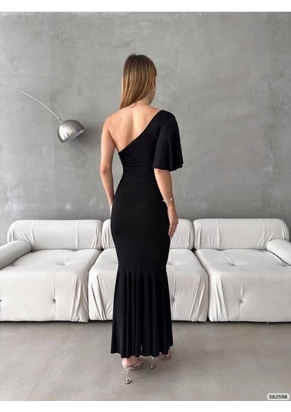 Sandy Esnek Kumaş Tek Omuz Büzgü Detay Abiye Elbise 582598 Siyah fırsatları