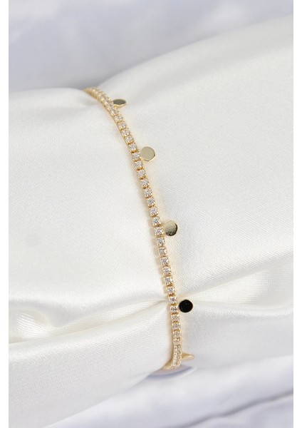 Pirinç Zirkon Taşlı Ezme Zincirli Sıralı Model Gold Renk Kadın Bilekilk