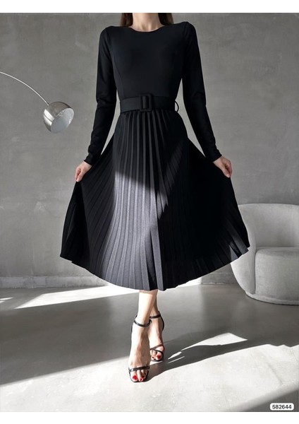 Piliseli Kemerli Midi Boy Abiye Elbise 582644 Siyah