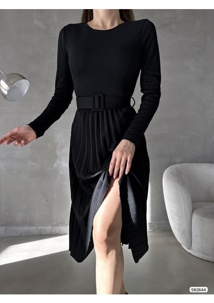 Piliseli Kemerli Midi Boy Abiye Elbise 582644 Siyah fiyatları