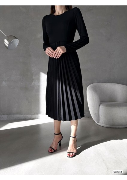 Piliseli Kemerli Midi Boy Abiye Elbise 582644 Siyah modelleri