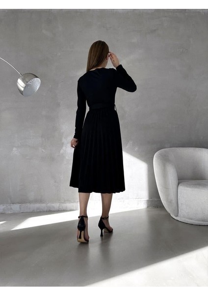 Piliseli Kemerli Midi Boy Abiye Elbise 582644 Siyah fırsatları