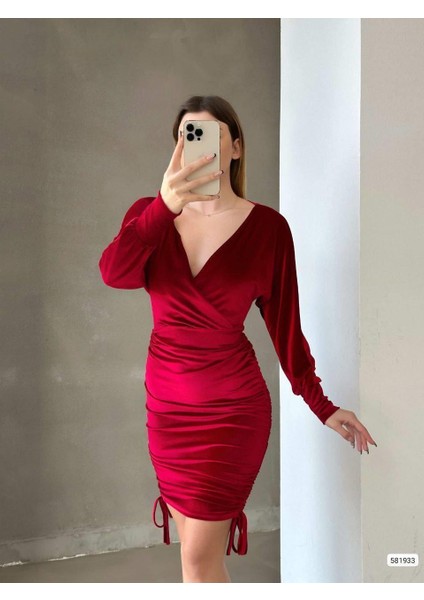 Drapeli Kruvaze Yaka Mini Boy Kadife Kumaş Abiye Elbise 581933 Kırmızı