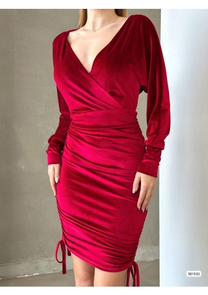 Drapeli Kruvaze Yaka Mini Boy Kadife Kumaş Abiye Elbise 581933 Kırmızı fiyatları