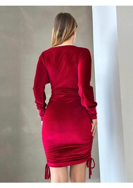 Drapeli Kruvaze Yaka Mini Boy Kadife Kumaş Abiye Elbise 581933 Kırmızı indirimleri