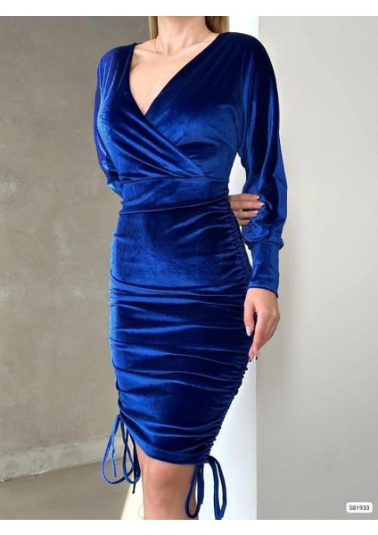 Drapeli Kruvaze Yaka Mini Boy Kadife Kumaş Abiye Elbise 581933 Saks indirimleri