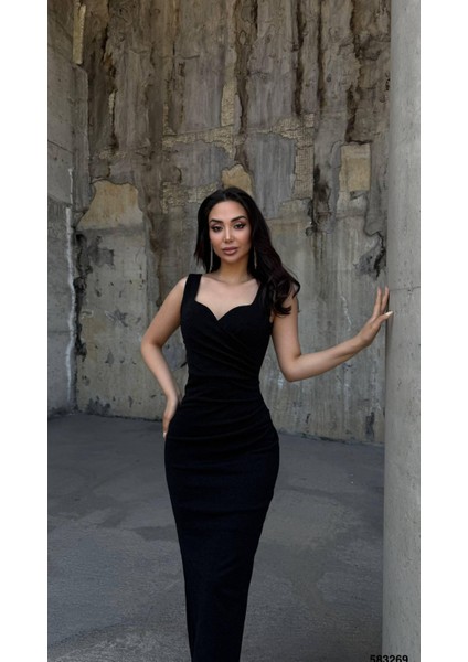 Flowers Esnek Kumaş Omuz Geniş Askılı Pile Detaylı Abiye Elbise 583269 Siyah fiyatları