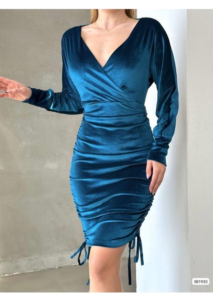 Drapeli Kruvaze Yaka Mini Boy Kadife Kumaş Abiye Elbise 581933 Petrol fırsatları
