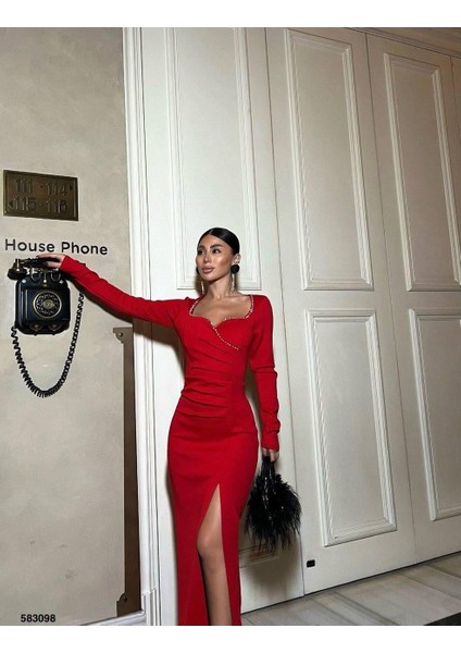 Scuba Kumaş Kruvaze Yaka Abiye Elbise - Bel Büzgülü Şık Tasarım Kırmızı 583098 fiyatları