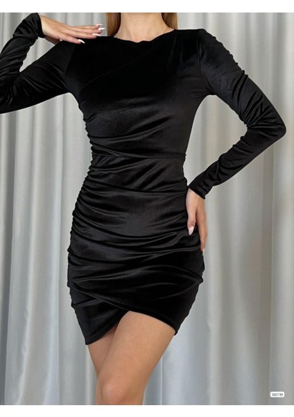 Bisiklet Yaka Kadife Mini Elbise 582739 Siyah
