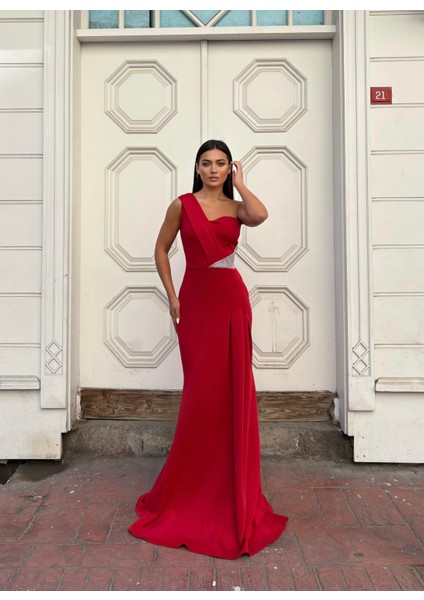 Esnek Scuba Kumaş Ön Taş Detaylı Abiye Elbise 583324 Kırmızı