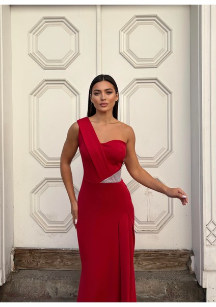 Esnek Scuba Kumaş Ön Taş Detaylı Abiye Elbise 583324 Kırmızı fiyatları