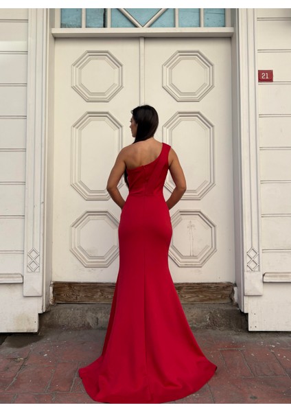 Esnek Scuba Kumaş Ön Taş Detaylı Abiye Elbise 583324 Kırmızı modelleri