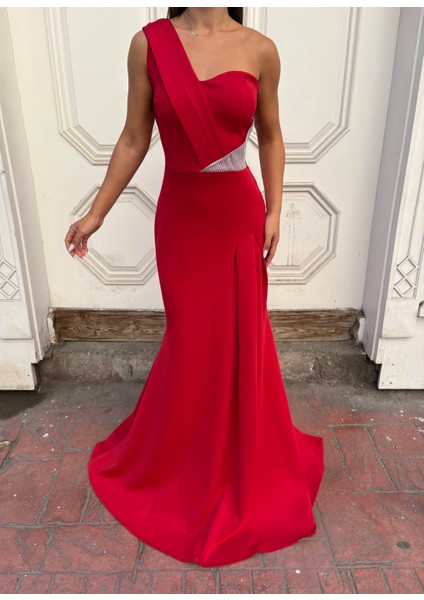 Esnek Scuba Kumaş Ön Taş Detaylı Abiye Elbise 583324 Kırmızı fırsatları